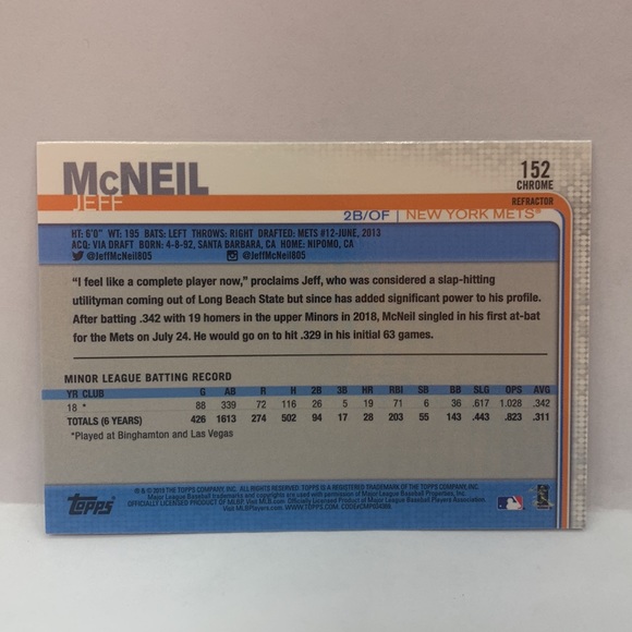 2019 Topps Chrome #152 Jeff McNeil RC Prism Refractor Mets (MISC7) - Picture 2 of 2